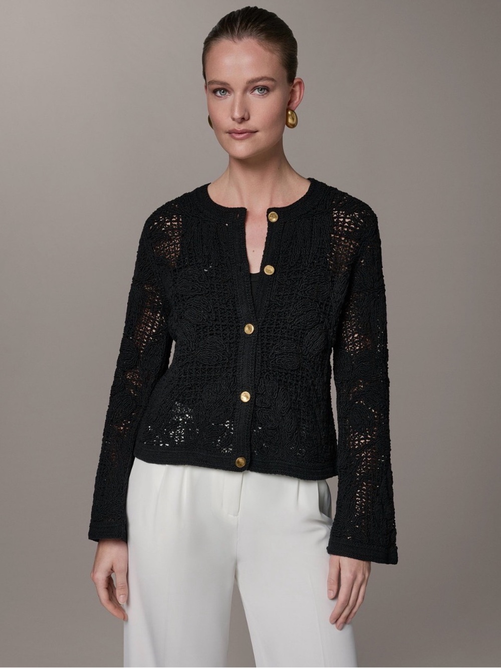 NWT Donna Karan Women's Crochet Button-Front Jacket. MEDIUM. Black. Retail $159